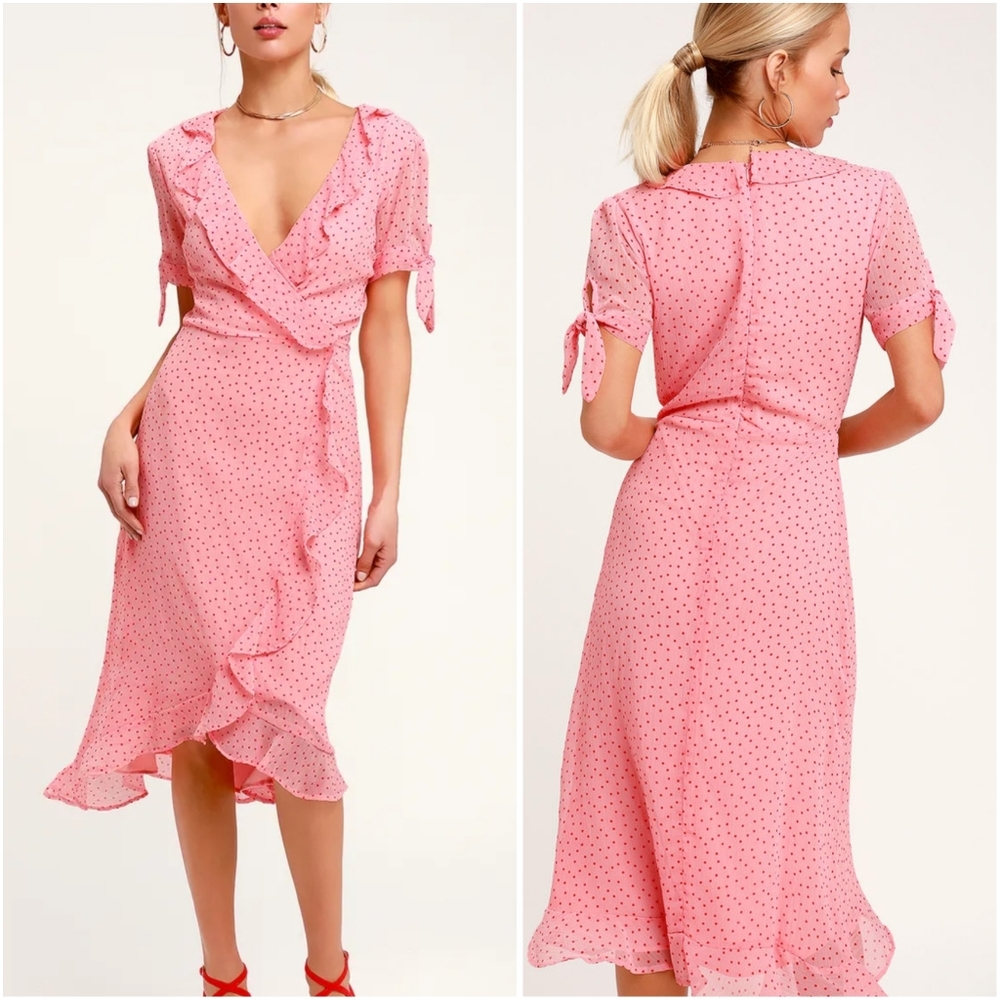 Lulu's Keli Light Pink Polka Dot Ruffled Midi Dress